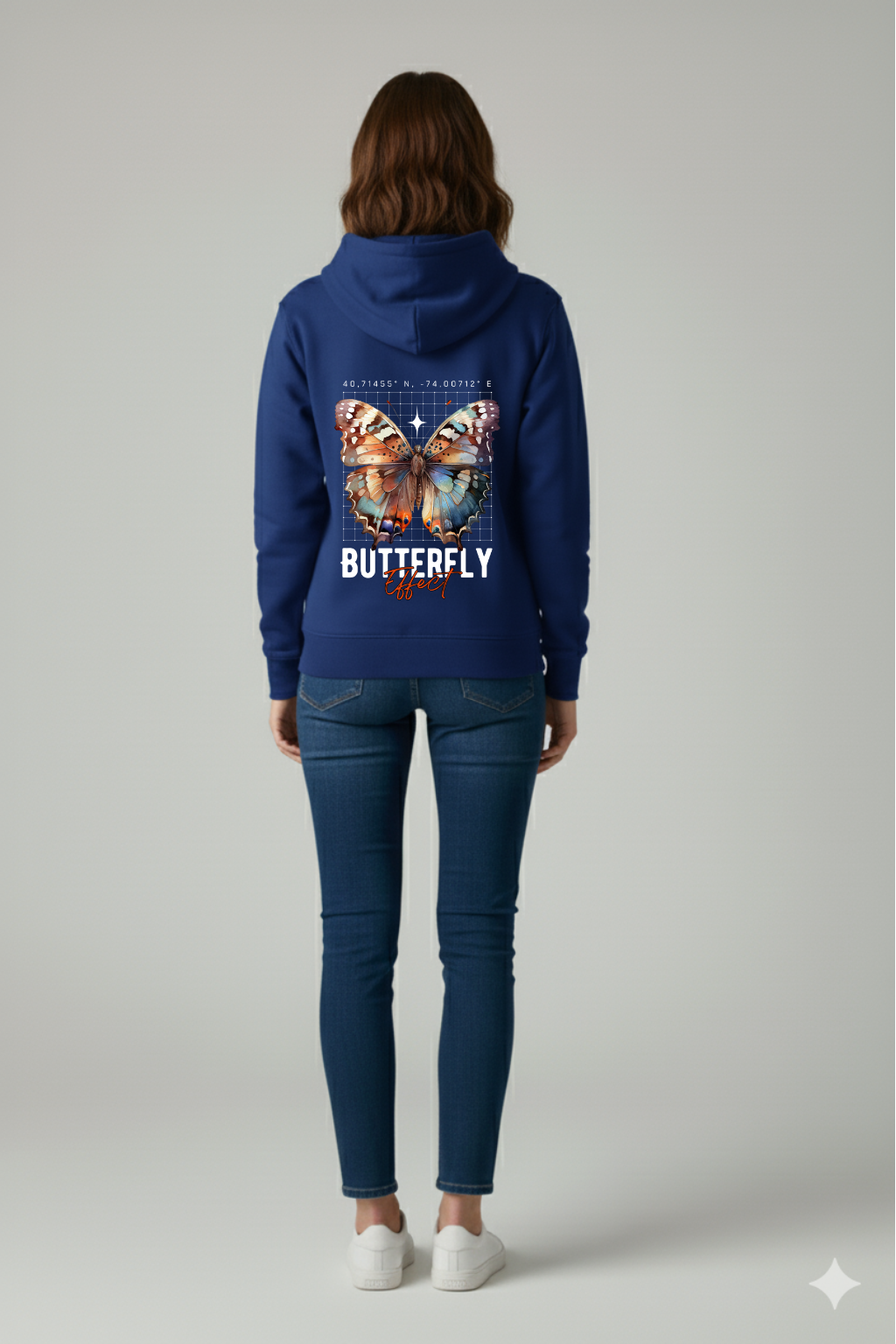 GREAT AURA FEMALE HOODIE BLUE BUTTERFLY FLOWERS