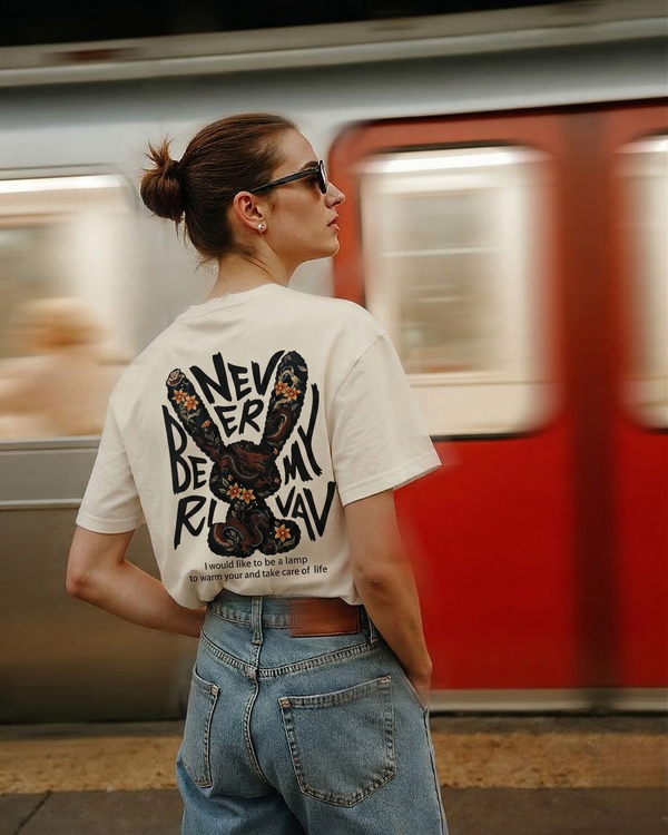 Beige Bunny Art Graphic T-Shirt