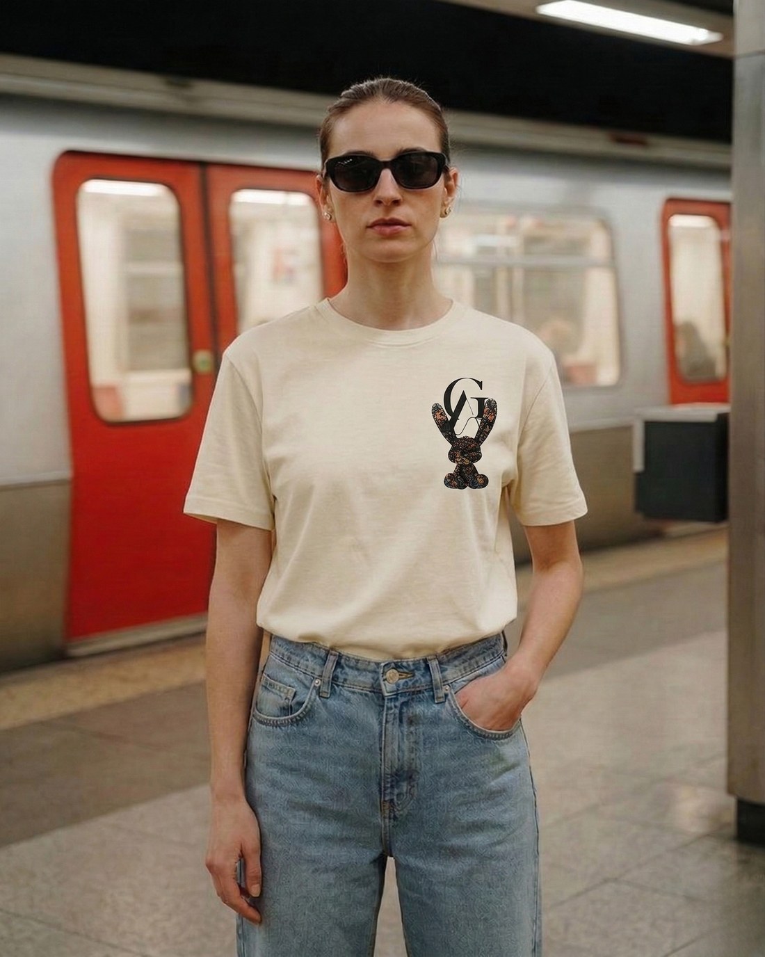 Beige Bunny Art Graphic T-Shirt